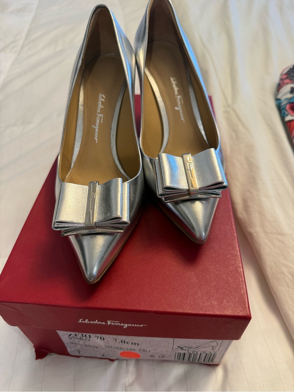Salvatore Ferragamo Metallic Silver Pointed Bow Pumps
